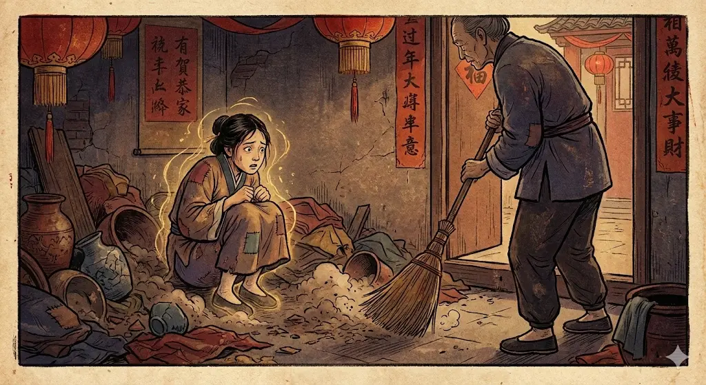Tranh dân gian minh họa điển tích nàng Như Nguyệt trốn trong đống rác - giải thích nguồn gốc tục kiêng quét nhà ngày Tết. Tranh dân gian minh họa điển tích nàng Như Nguyệt trốn trong đống rác - giải thích nguồn gốc tục kiêng quét nhà ngày Tết.