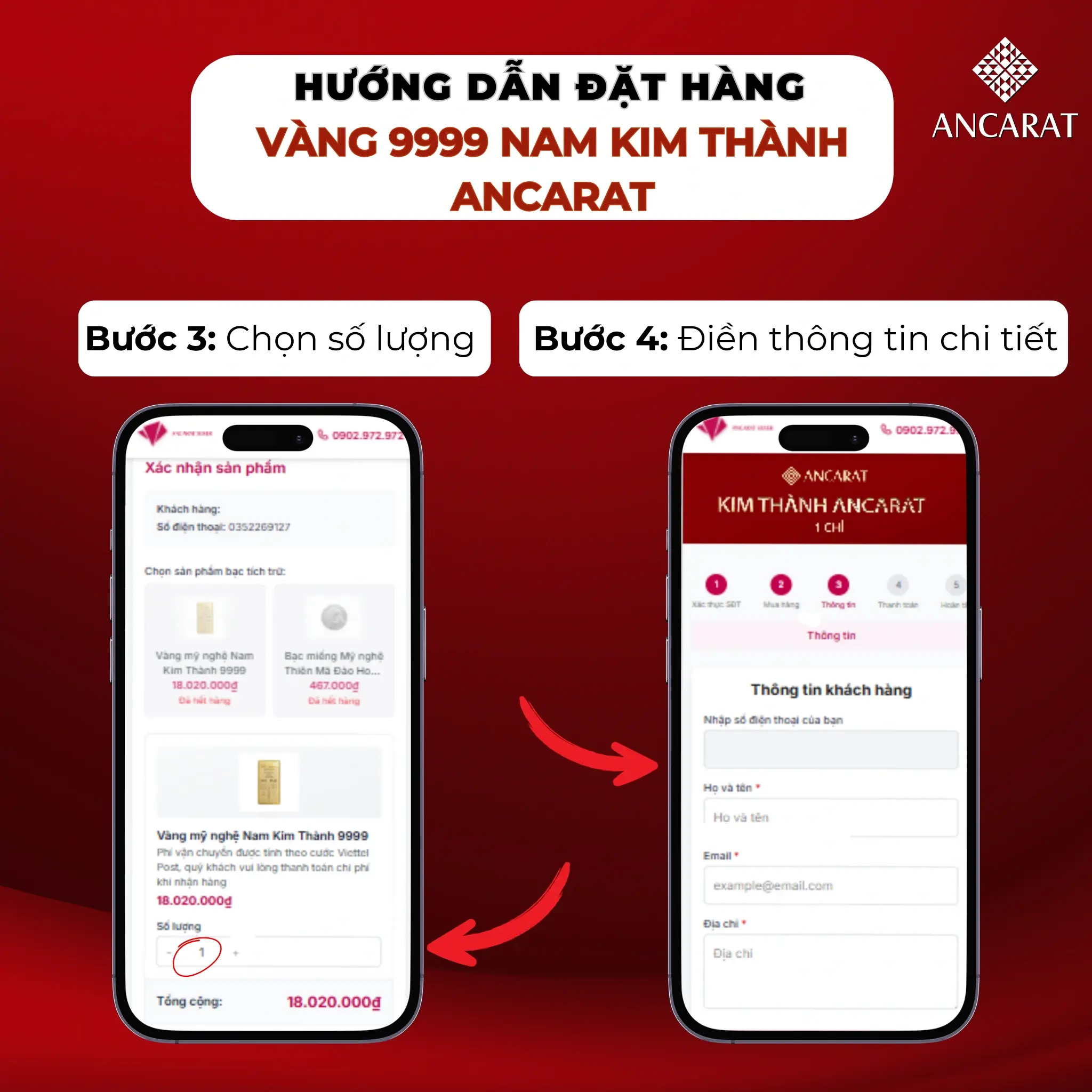 Bước 3 & 4: Chọn số lượng vàng Nam Kim Thành 1 chỉ và điền đầy đủ thông tin nhận hàng.